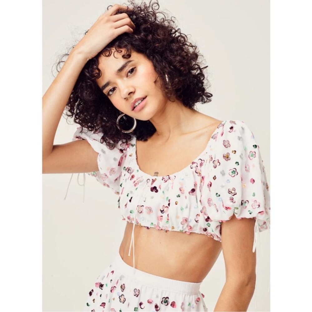For Love & Lemons Cold Hearted Crop Top Sequin Puff Sleeve